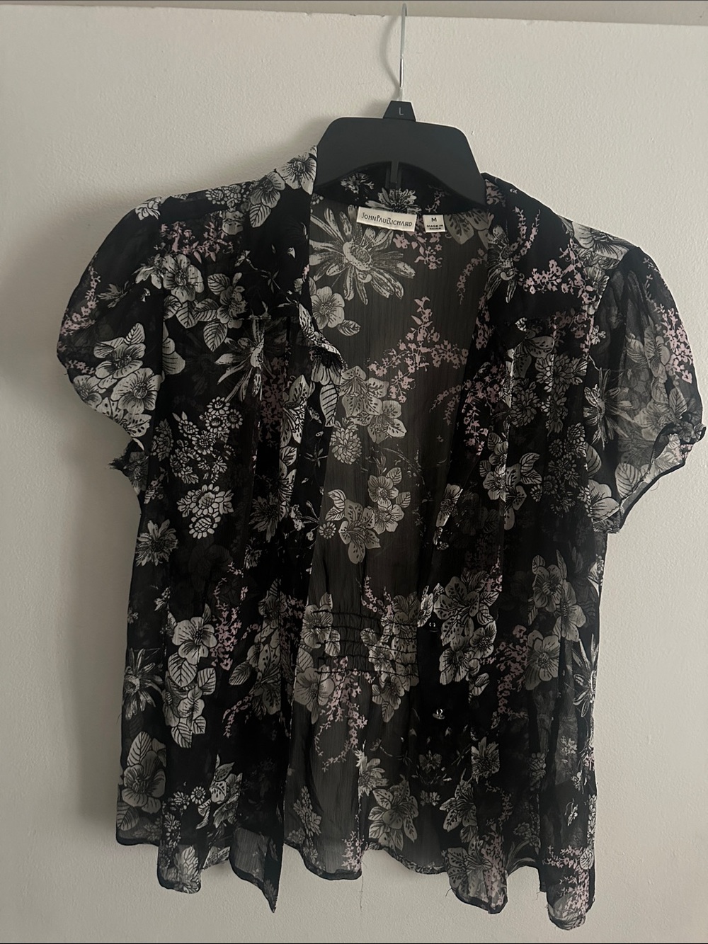John Paul Richard Black Floral Sheer Short-Sleeve Blouse